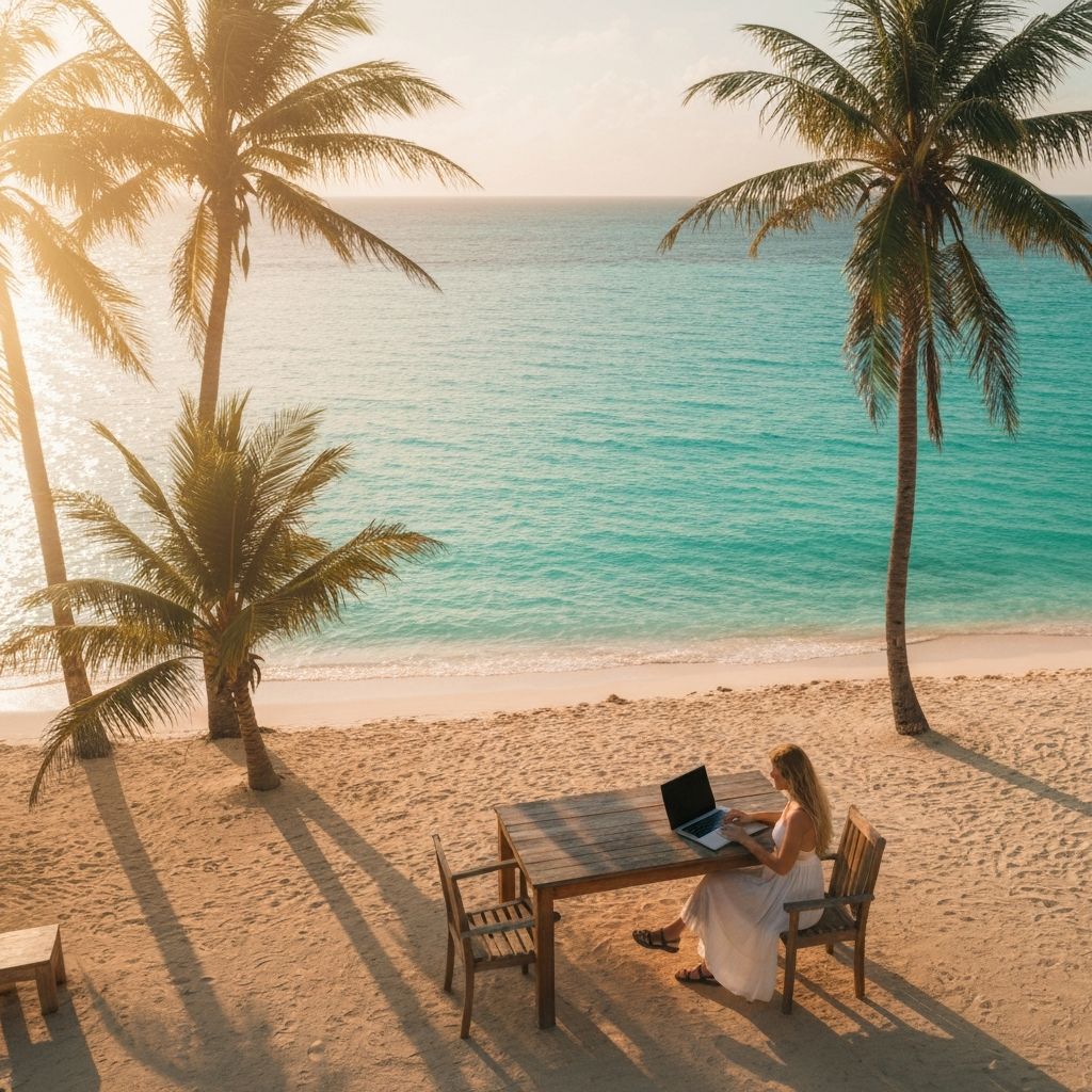 Digital nomad working from a tropical beach cafe
